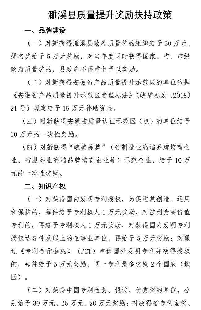 安徽省淮北市濉溪县质量提升（知识产权）奖励扶持政策