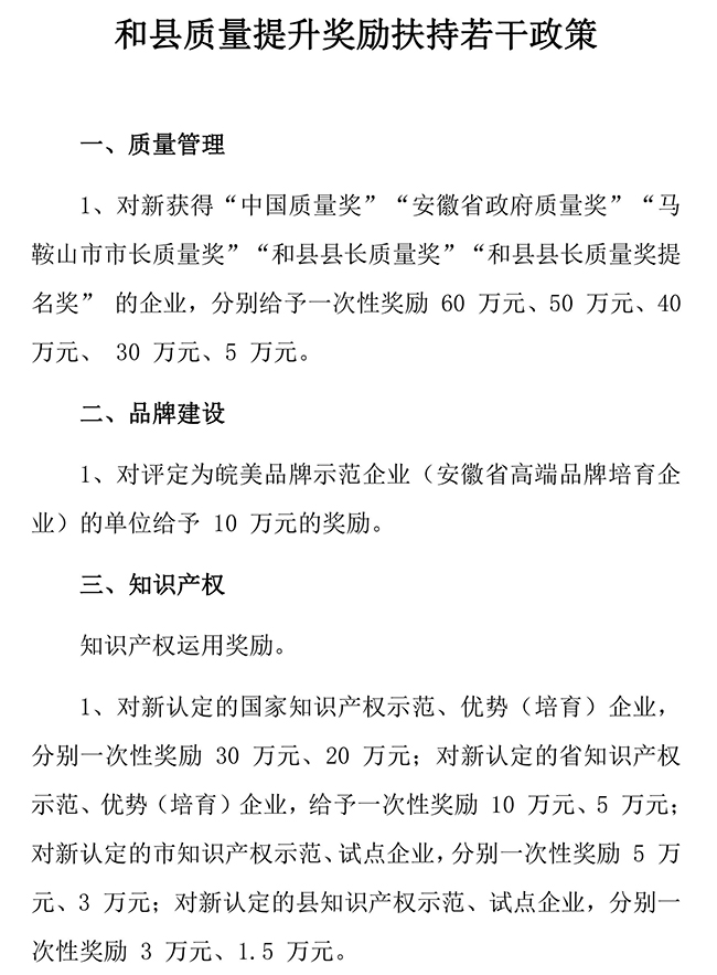 安徽省马鞍山市和县质量提升（知识产权）奖励扶持若干政策