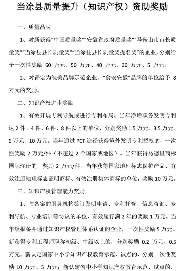 安徽省马鞍山市当涂县质量提升（知识产权）资助奖励